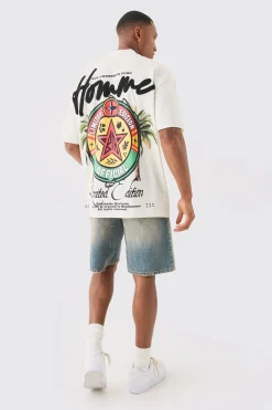 Oversized Extended Neck Printed Homme Embroidered T-shirt | UK^boohooMAN Online