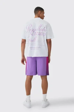 boohooMAN Oversized Extended Neck Raw Hem Script T-shirt & Mesh Short Set | UK| Sets & Co-Ords|Tracksuits