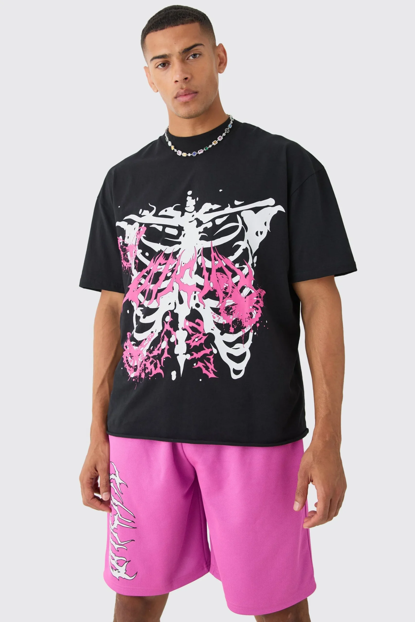 boohooMAN Oversized Extended Neck Raw Hem Skeleton T-shirt And Mesh Shorts Set | UK| Sets & Co-Ords|Tracksuits