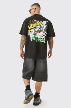 Oversized Extended Neck Race Car Graphic Back Print T-shirt | UK^boohooMAN Sale