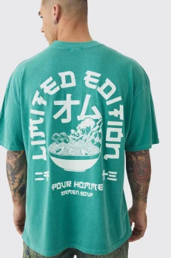 Oversized Extended Neck Ramen Print Wash T-shirt | UK^boohooMAN Sale