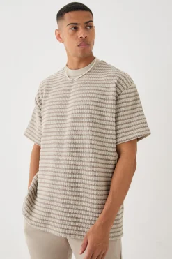 Oversized Extended Neck Striped Textured T-shirt | UK^boohooMAN Best