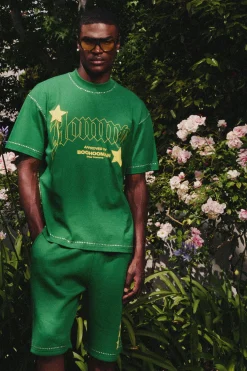 boohooMAN Oversized Extended Neck Star Rhinestone T-shirt & Short Set | UK| Sets & Co-Ords|Tracksuits