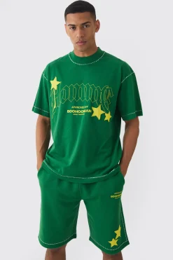 boohooMAN Oversized Extended Neck Star Rhinestone T-shirt & Short Set | UK| Sets & Co-Ords|Tracksuits