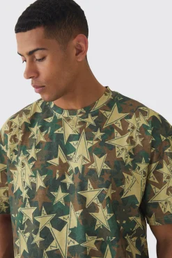 Oversized Extended Neck Star Camo T-shirt | UK^boohooMAN Clearance