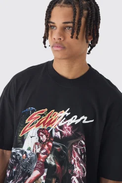 Oversized Extended Neck Split Print T-Shirt | UK^boohooMAN New