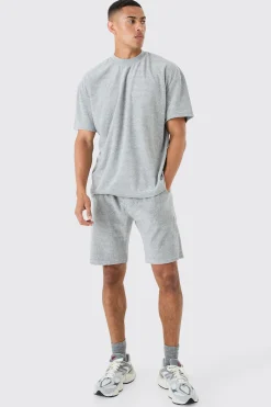 boohooMAN Oversized Extended Neck Towelling T-shirt & Short Set | UK| Sets & Co-Ords|Tracksuits
