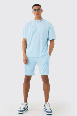 boohooMAN Oversized Extended Neck Towelling T-shirt & Cargo Shorts | UK| Shorts|Sets & Co-Ords