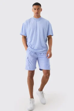 boohooMAN Oversized Extended Neck Towelling T-shirt & Cargo Shorts Set | UK| Shorts|Sets & Co-Ords