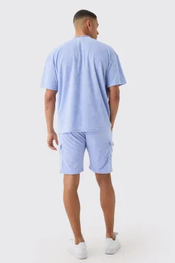 boohooMAN Oversized Extended Neck Towelling T-shirt & Cargo Shorts Set | UK| Shorts|Sets & Co-Ords