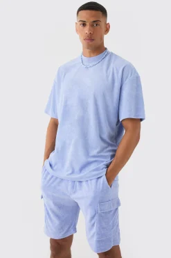 boohooMAN Oversized Extended Neck Towelling T-shirt & Cargo Shorts Set | UK| Shorts|Sets & Co-Ords