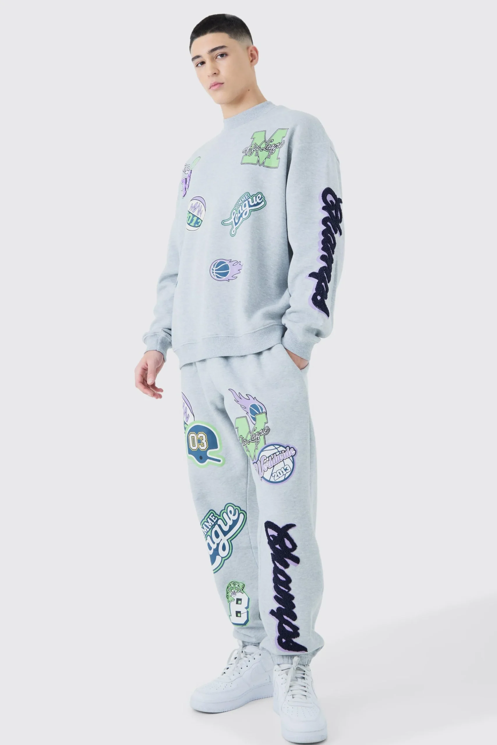 boohooMAN Oversized Extended Neck Varsity Badge Sweatshirt Tracksuit | UK| Tracksuits