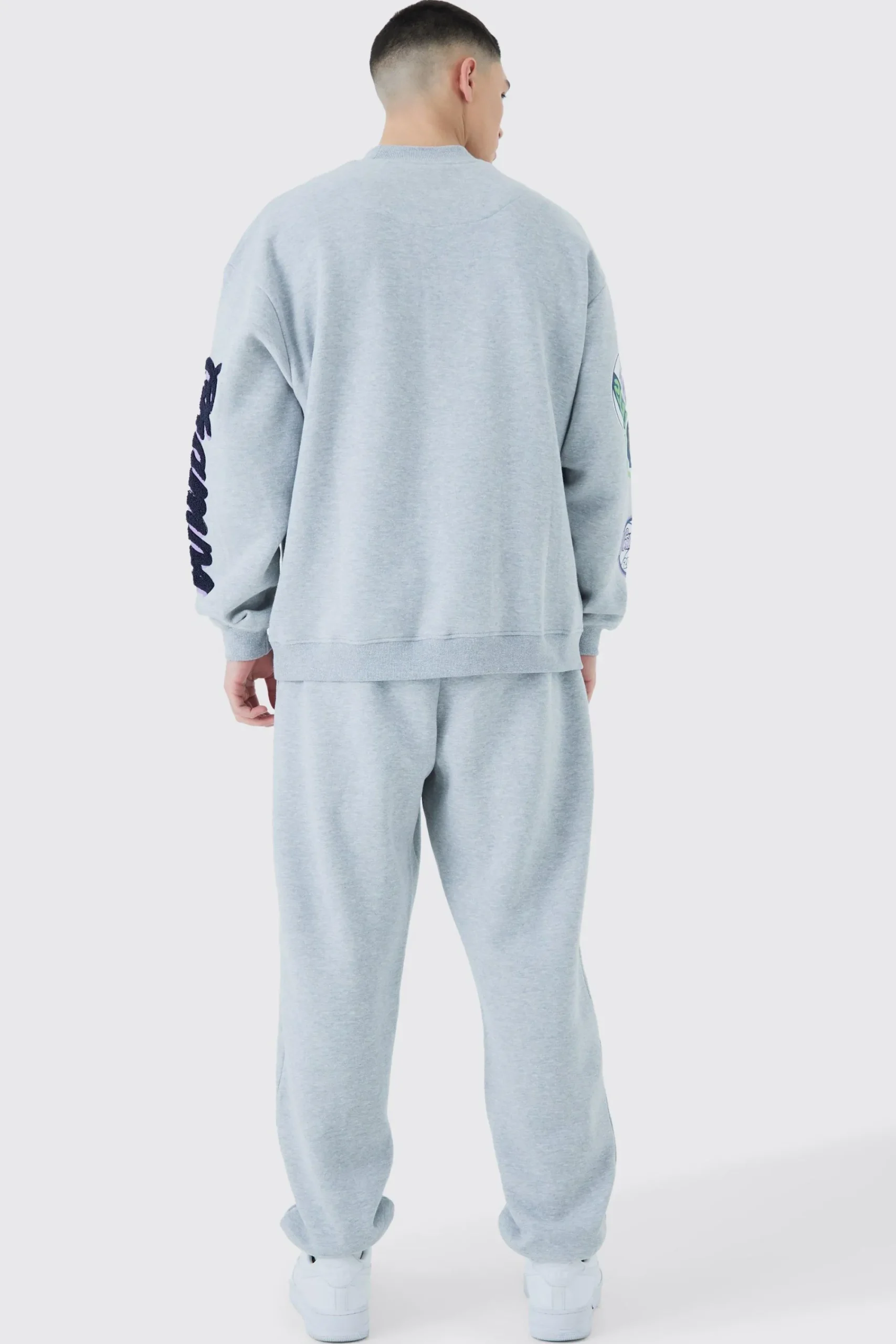 boohooMAN Oversized Extended Neck Varsity Badge Sweatshirt Tracksuit | UK| Tracksuits