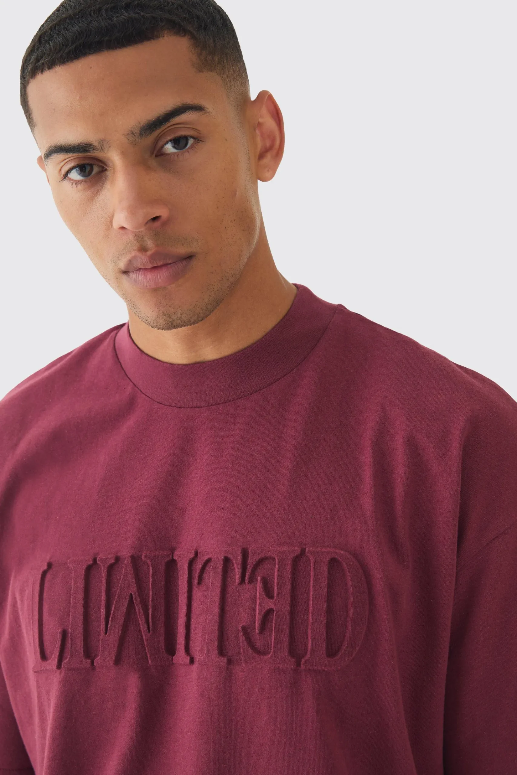 Oversized Extended Neck Varsity Embossed T-Shirt | UK^boohooMAN Best