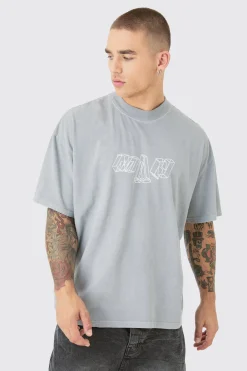 Oversized Extended Neck Washed M Graphic T-shirt | UK^boohooMAN Online