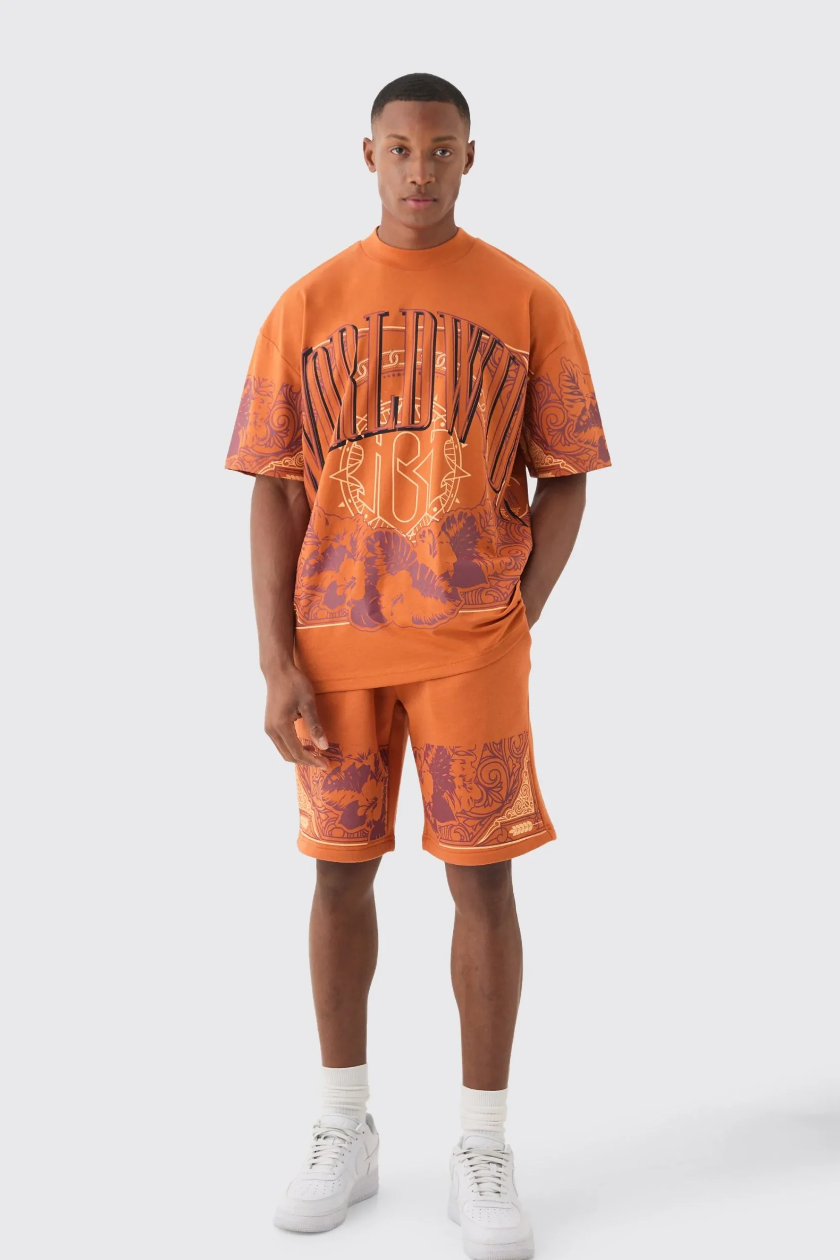boohooMAN Oversized Extended Neck Worldwide Graphic T-shirt & Shorts Set | UK| Sets & Co-Ords|Tracksuits