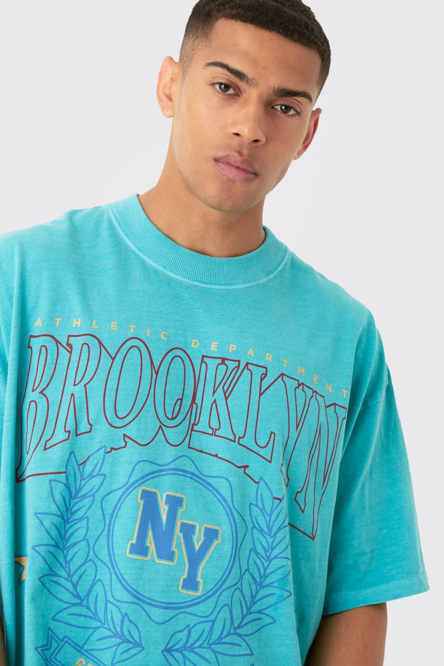 Oversized Extended Neck Wash Varsity Brooklyn Print T-shirt | UK^boohooMAN Outlet