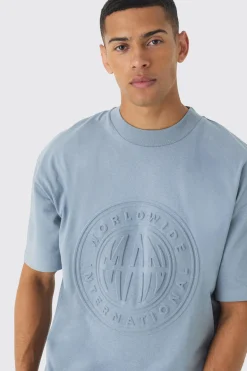Oversized Extended Neck Worldwide Embossed T-Shirt | UK^boohooMAN Online