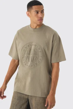Oversized Extended Neck Worldwide Embossed T-Shirt | UK^boohooMAN