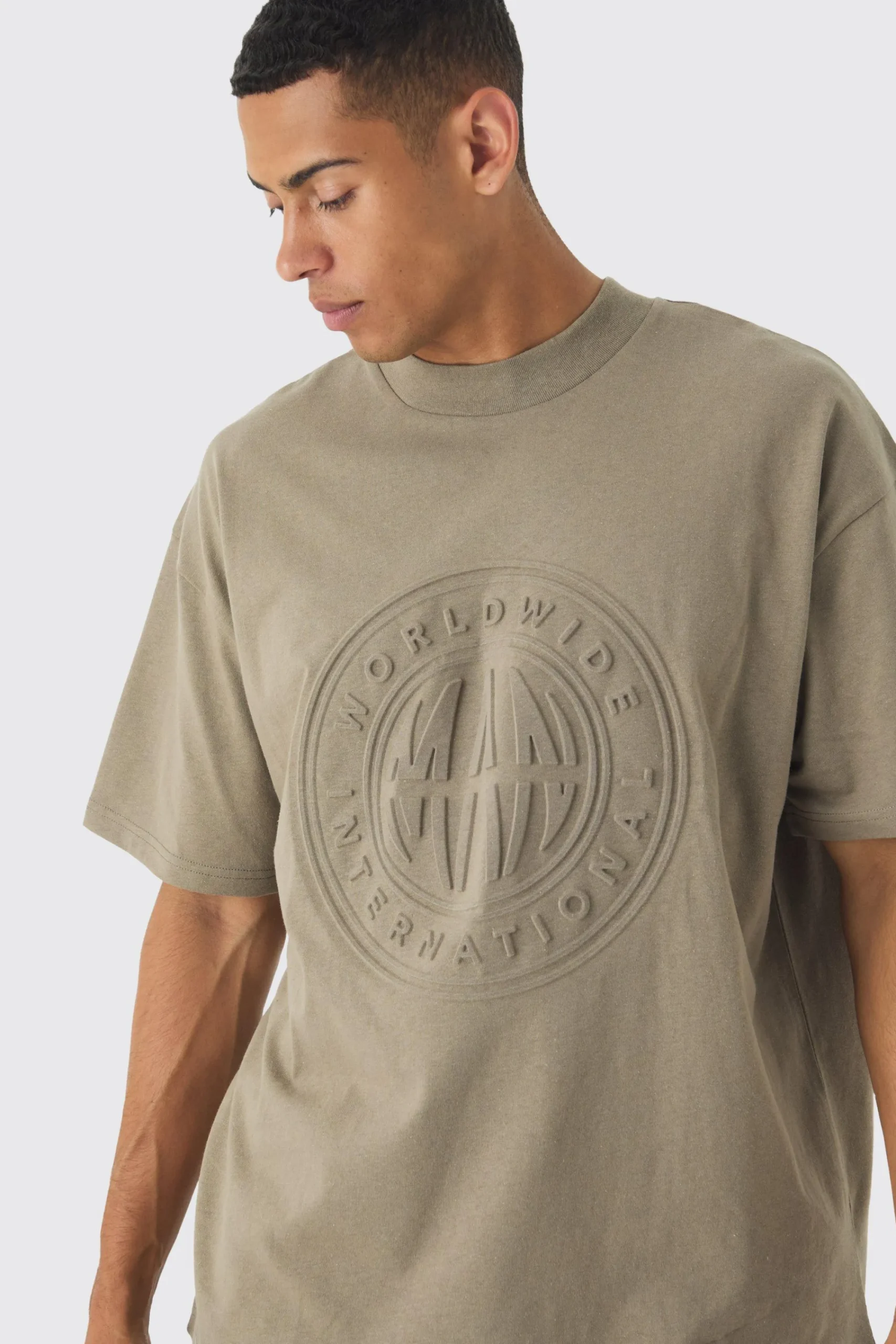 Oversized Extended Neck Worldwide Embossed T-Shirt | UK^boohooMAN
