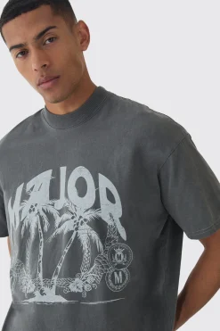 Oversized Extended Neck Washed Major Print T-Shirt | UK^boohooMAN Outlet
