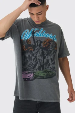 Oversized Extended Neck Wash Statue Print Distressed T-Shirt | UK^boohooMAN New