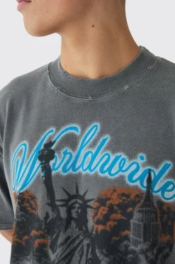Oversized Extended Neck Wash Statue Print Distressed T-Shirt | UK^boohooMAN New