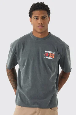 Oversized Extended Neck Washed Varsity Print T-Shirt | UK^boohooMAN Online