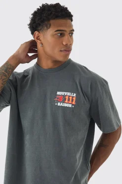 Oversized Extended Neck Washed Varsity Print T-Shirt | UK^boohooMAN Online