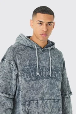 boohooMAN Oversized Faux Layer Acid Wash Embroidered Hoodie | UK| Hoodies & Sweatshirts