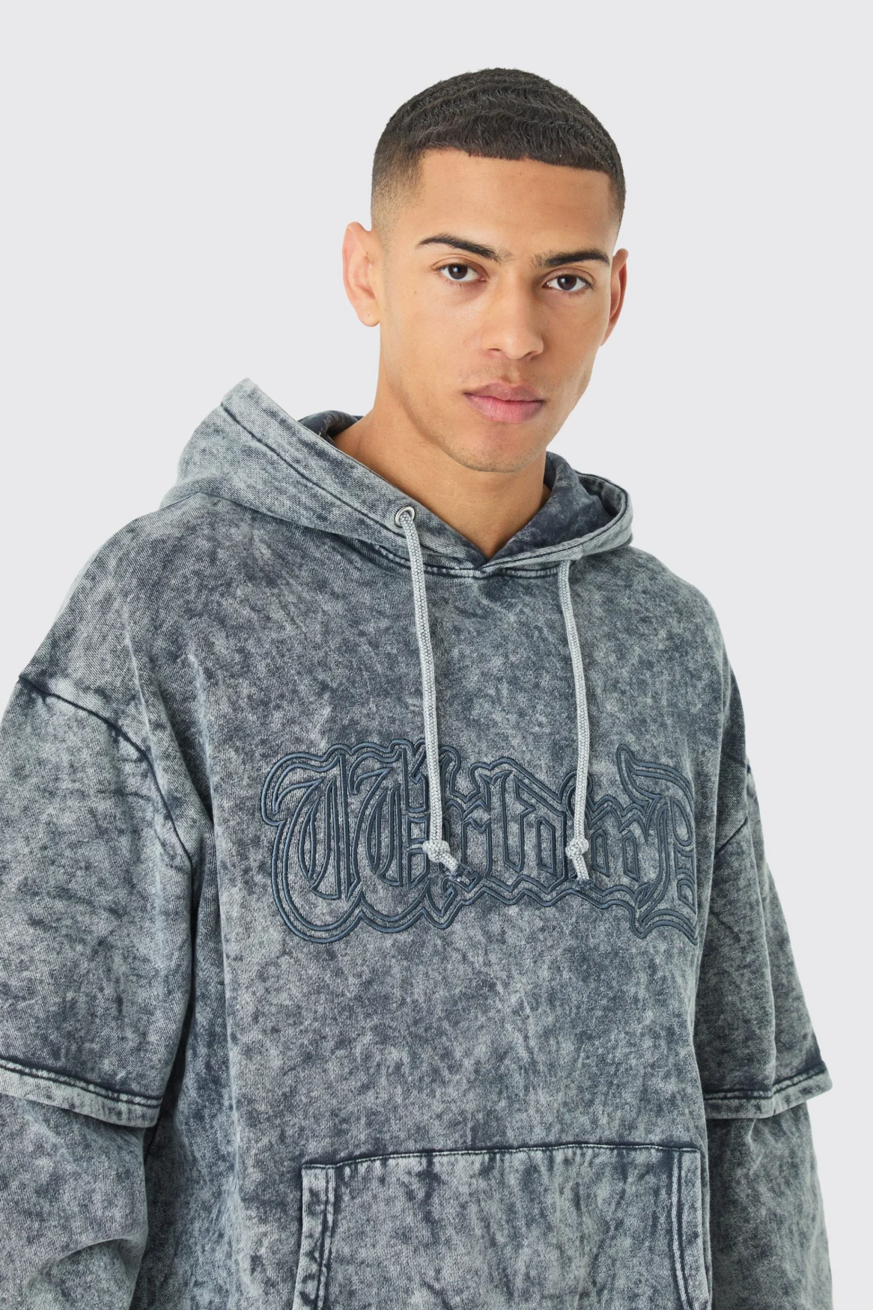 boohooMAN Oversized Faux Layer Acid Wash Embroidered Hoodie | UK| Hoodies & Sweatshirts