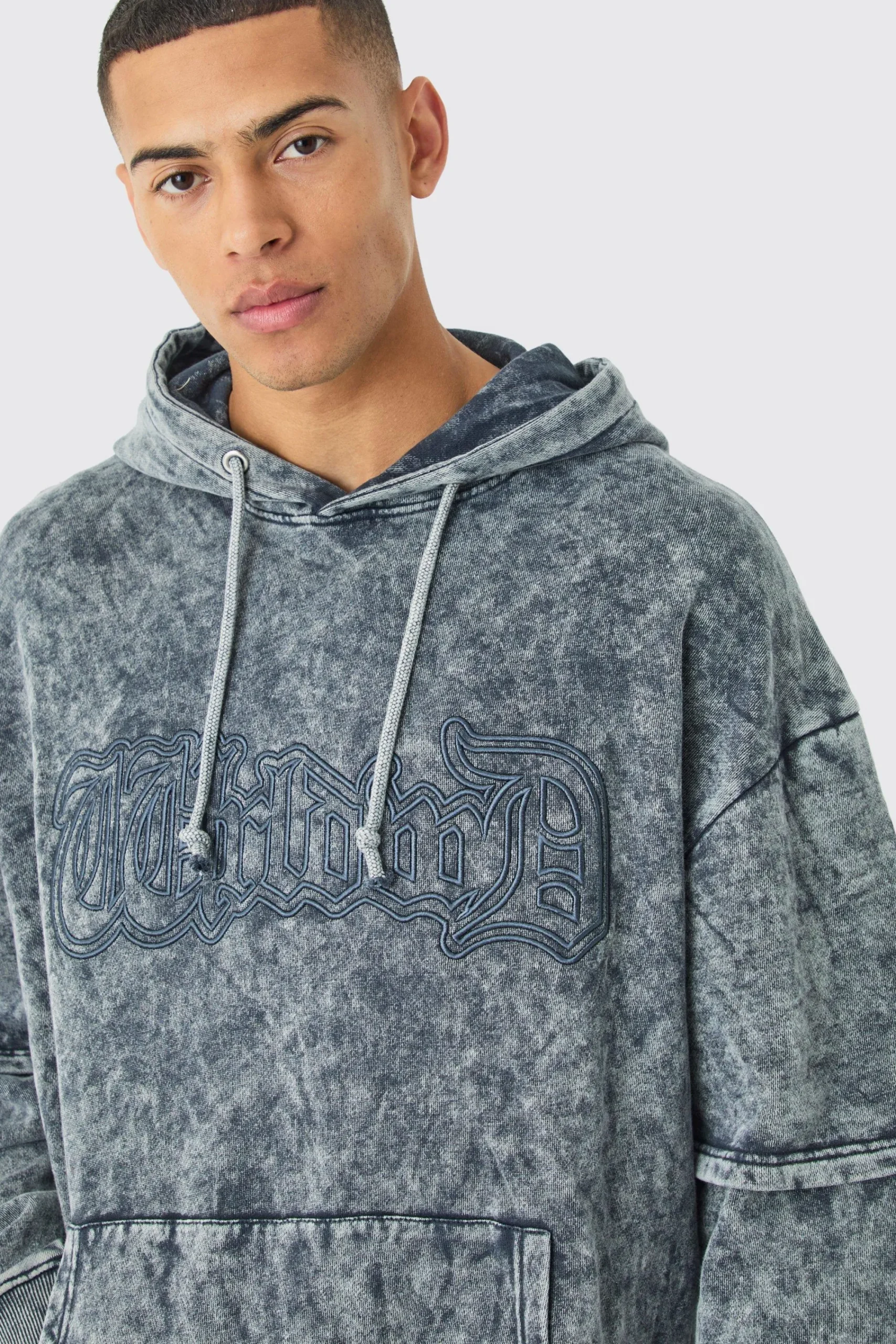 boohooMAN Oversized Faux Layer Acid Wash Embroidered Hoodie | UK| Hoodies & Sweatshirts