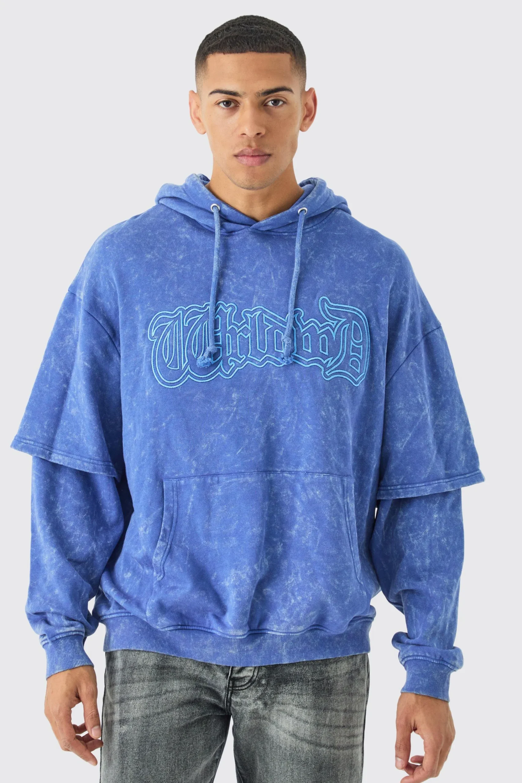 boohooMAN Oversized Faux Layer Acid Wash Embroidered Hoodie | UK| Hoodies & Sweatshirts