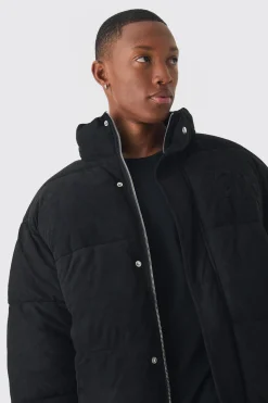 boohooMAN Oversized Faux Suede Worldwide Funnel Neck Puffer In | UK| Coats & Jackets