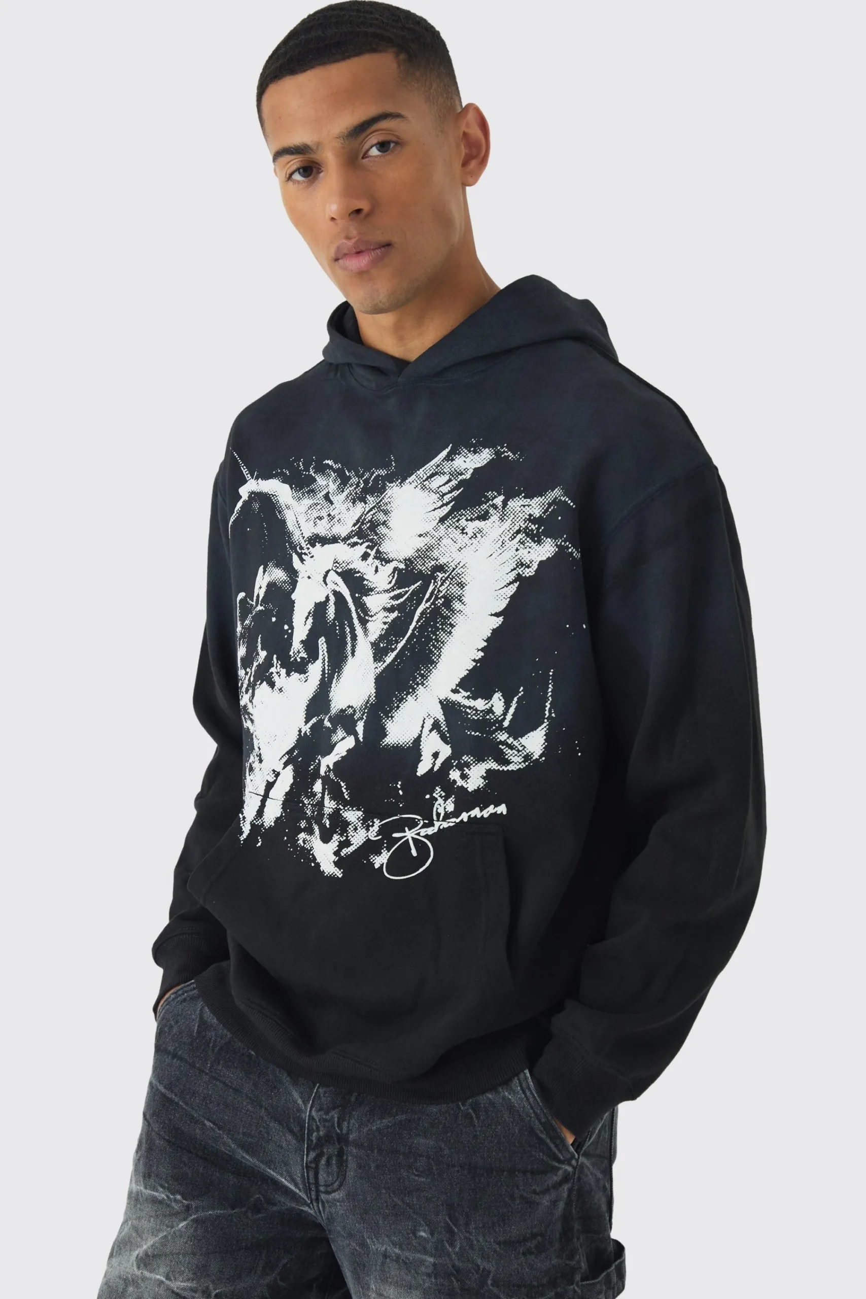 boohooMAN Oversized Flame Horse Printed Spray Wash Hoodie | UK| Hoodies & Sweatshirts