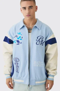 boohooMAN Oversized Floral Badge Collared Varsity Jacket In | UK| Coats & Jackets