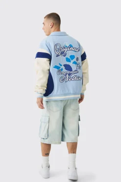 boohooMAN Oversized Floral Badge Collared Varsity Jacket In | UK| Coats & Jackets