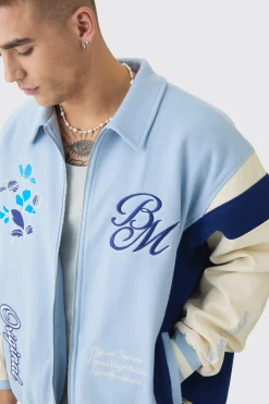 boohooMAN Oversized Floral Badge Collared Varsity Jacket In | UK| Coats & Jackets