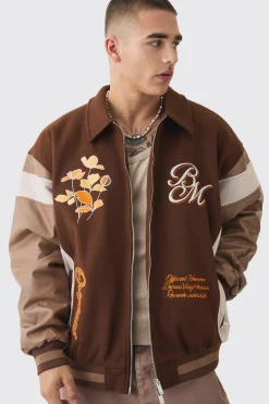 boohooMAN Oversized Floral Badge Collared Varsity Jacket In | UK| Coats & Jackets