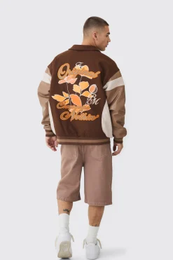 boohooMAN Oversized Floral Badge Collared Varsity Jacket In | UK| Coats & Jackets