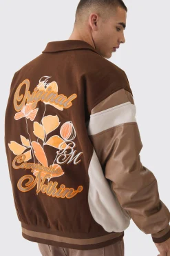 boohooMAN Oversized Floral Badge Collared Varsity Jacket In | UK| Coats & Jackets