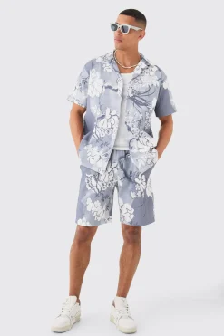 boohooMAN Oversized Floral Printed Pleated Shirt & Short Set | UK| Sets & Co-Ords