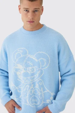 boohooMAN Oversized Fluffy Teddy Jumper In Blue | UK| Knitwear