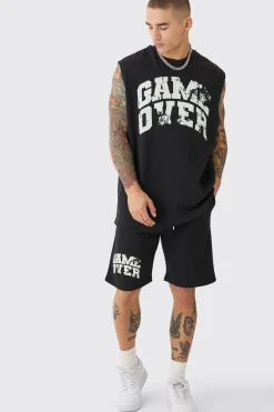 Oversized Game Over Rib Printed Tank & Shorts Set | UK^boohooMAN