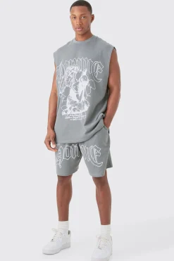 Oversized Gothic Waffle Large Printed Tank & Shorts Set | UK^boohooMAN Best