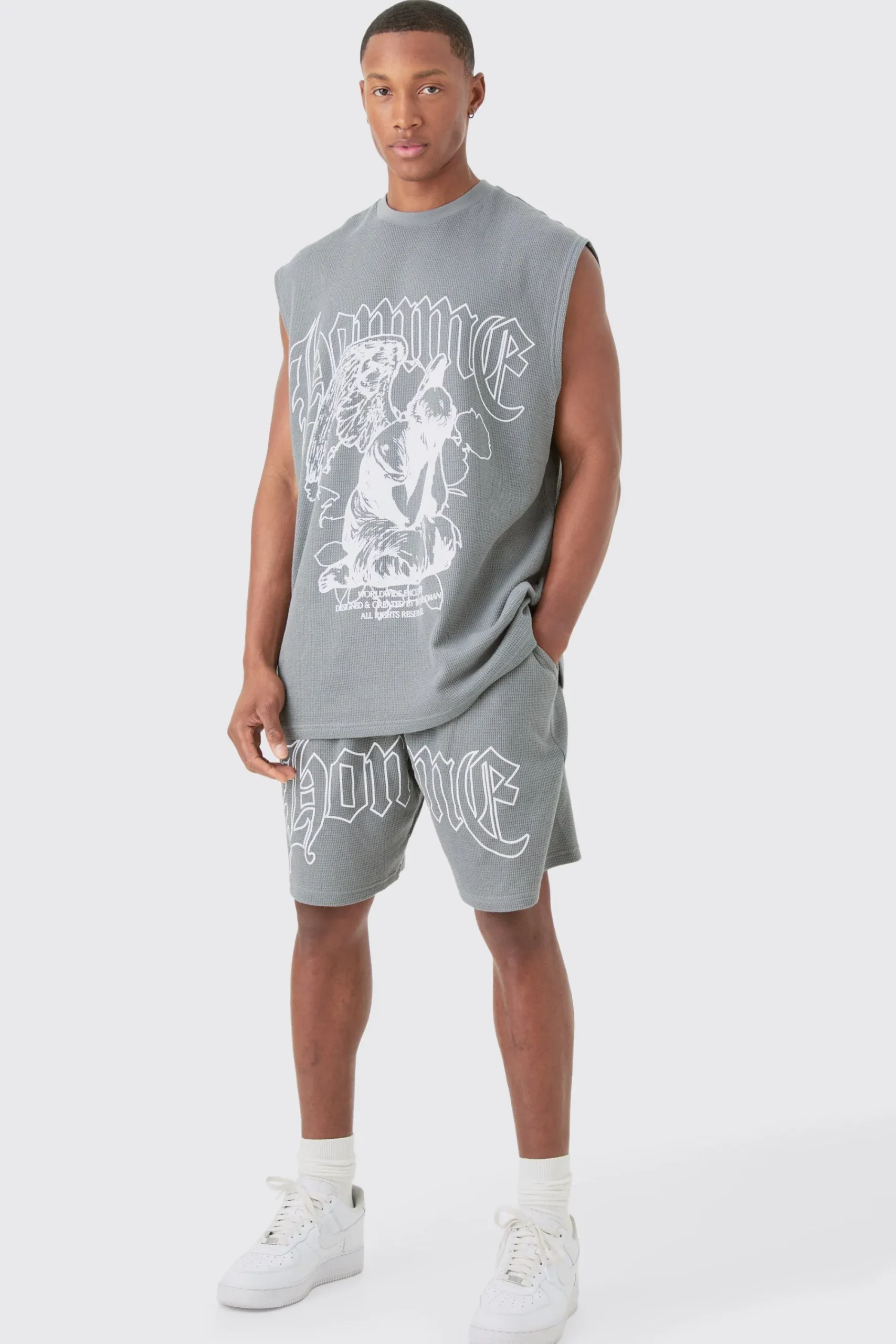 Oversized Gothic Waffle Large Printed Tank & Shorts Set | UK^boohooMAN Best