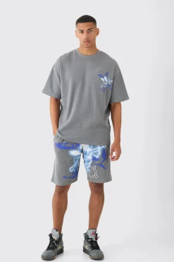 boohooMAN Oversized Gothic Waffle Large Printed T-shirt & Shorts Set | UK| Sets & Co-Ords|Tracksuits