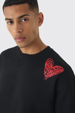 boohooMAN Oversized Graffiti Heart Print Sweatshirt | UK| Hoodies & Sweatshirts