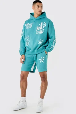 boohooMAN Oversized Graffiti Hoodie Short Tracksuit | UK| Tracksuits