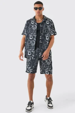 boohooMAN Oversized Graffiti Printed Pleated Shirt & Short Set | UK| Sets & Co-Ords